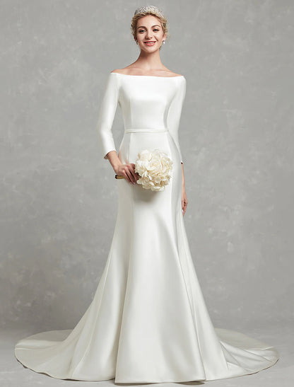 Minimalist and Low Luxury Wedding Dress Mermaid Loudspeaker Off Shoulder Long sleeved Church Tailed Satin Bridal Dress with Folded Wedding Party
