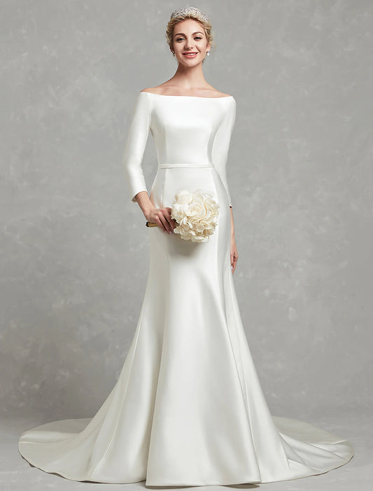 Minimalist and Low Luxury Wedding Dress Mermaid Loudspeaker Off Shoulder Long sleeved Church Tailed Satin Bridal Dress with Folded Wedding Party