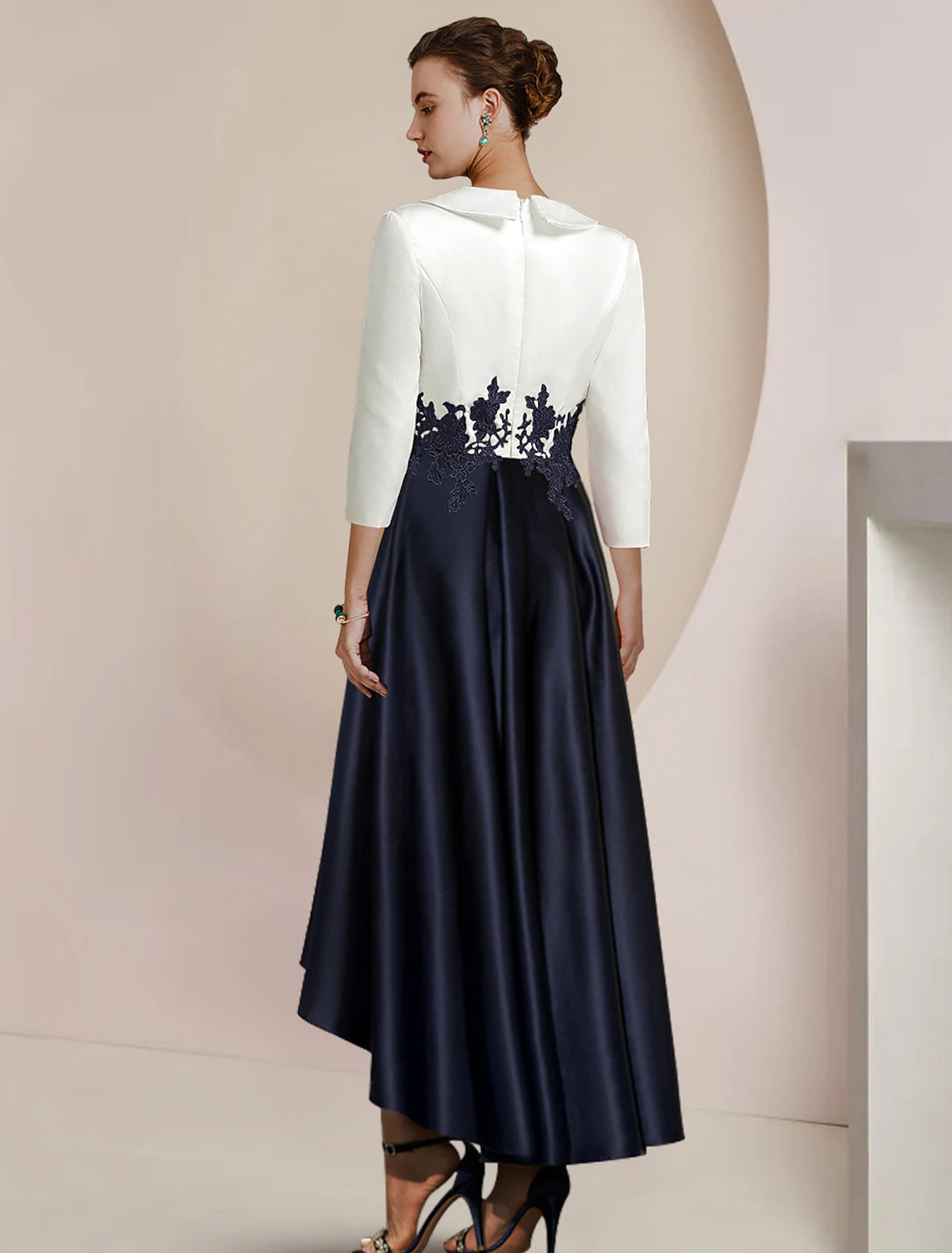 A-line Bride Mom Dress Formal Wedding Guests High and Low Shirt Collar Asymmetric Tea Long Satin Lace 3/4 Long Sleeves with Applique Color Blocks