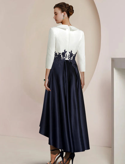 A-line Bride Mom Dress Formal Wedding Guests High and Low Shirt Collar Asymmetric Tea Long Satin Lace 3/4 Long Sleeves with Applique Color Blocks