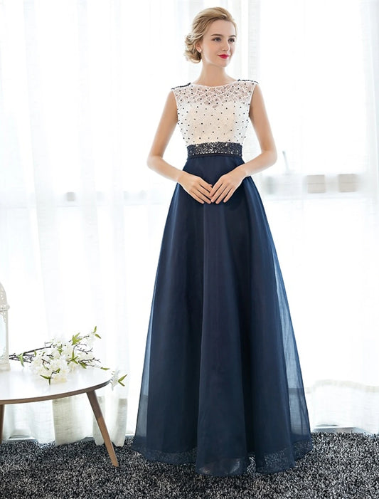 A-line Elegant Wedding Guest Ball Dress with Floor Length Sleeveless Phantom Neckline Lace Beads