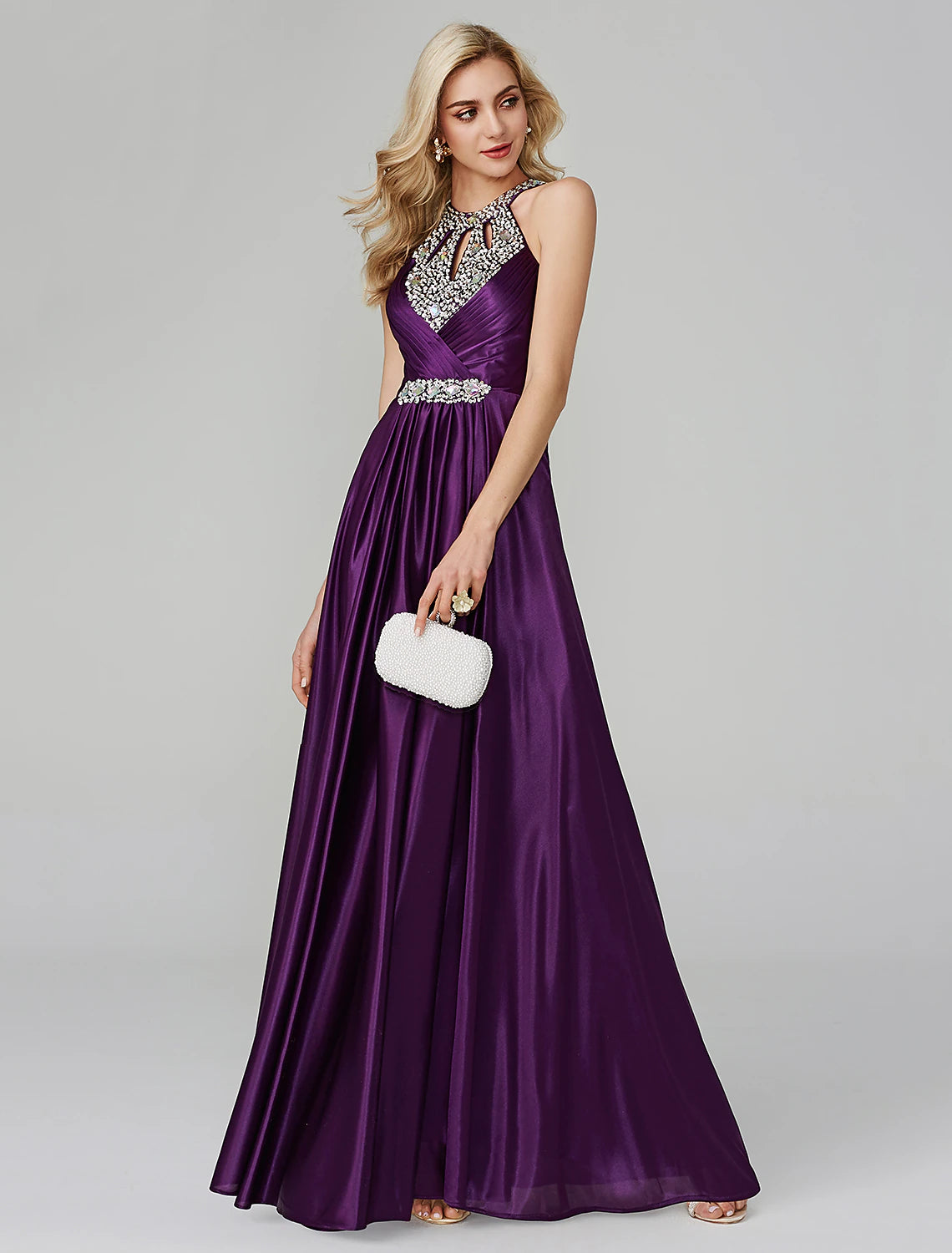 A-shaped formal dress, party attire, wedding guests, floor to ceiling long neckline, silk exposed shoulder strap, crystal sequins