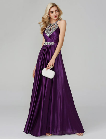 A-shaped formal dress, party attire, wedding guests, floor to ceiling long neckline, silk exposed shoulder strap, crystal sequins