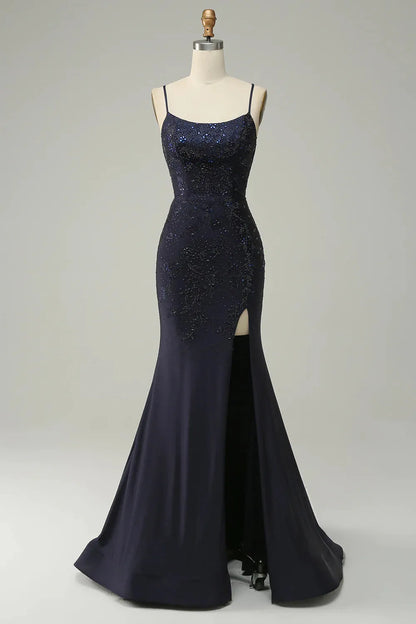 Navy Slim Fit Blue Mermaid Italian Noodle Strap Open Navel Ball Dress