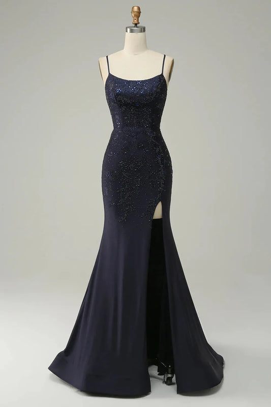 Navy Slim Fit Blue Mermaid Italian Noodle Strap Open Navel Ball Dress