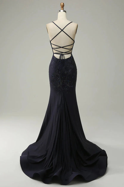 Navy Slim Fit Blue Mermaid Italian Noodle Strap Open Navel Ball Dress