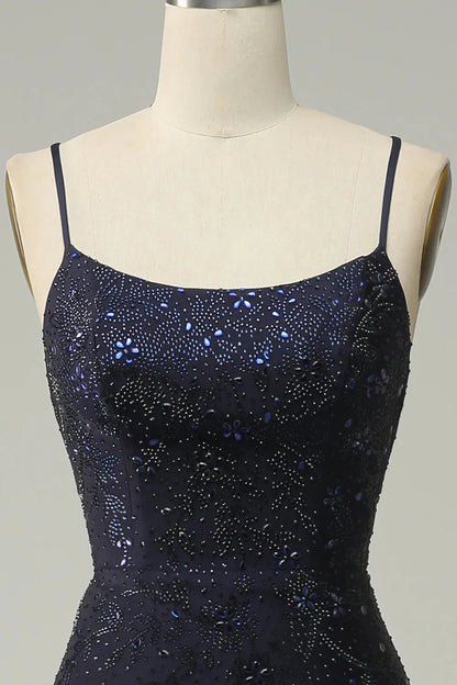 Navy Slim Fit Blue Mermaid Italian Noodle Strap Open Navel Ball Dress