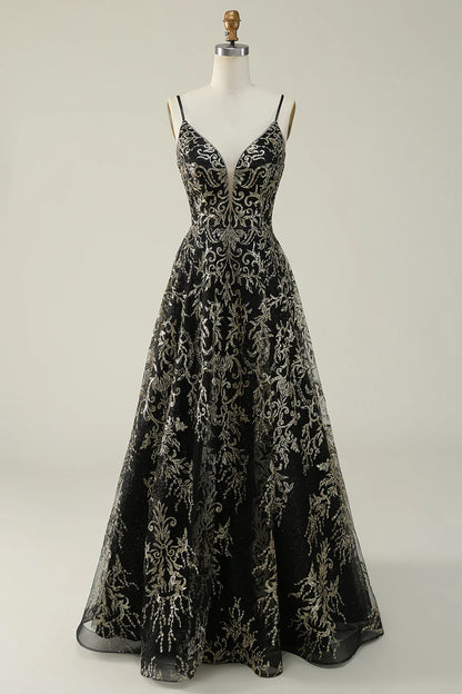Black and gold spaghetti sexy shoulder strap dance long dress