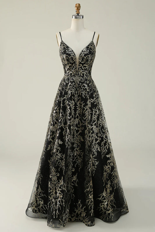 Black and gold spaghetti sexy shoulder strap dance long dress