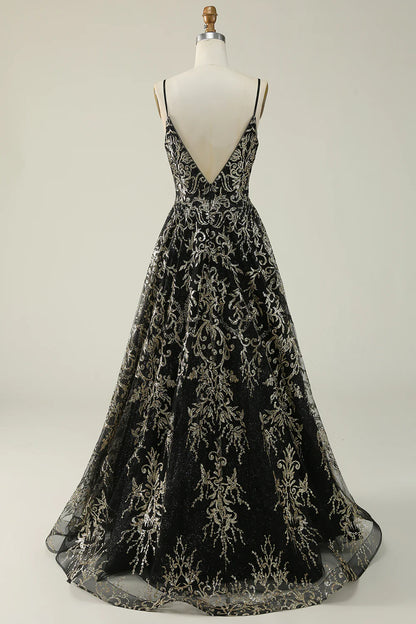 Black and gold spaghetti sexy shoulder strap dance long dress