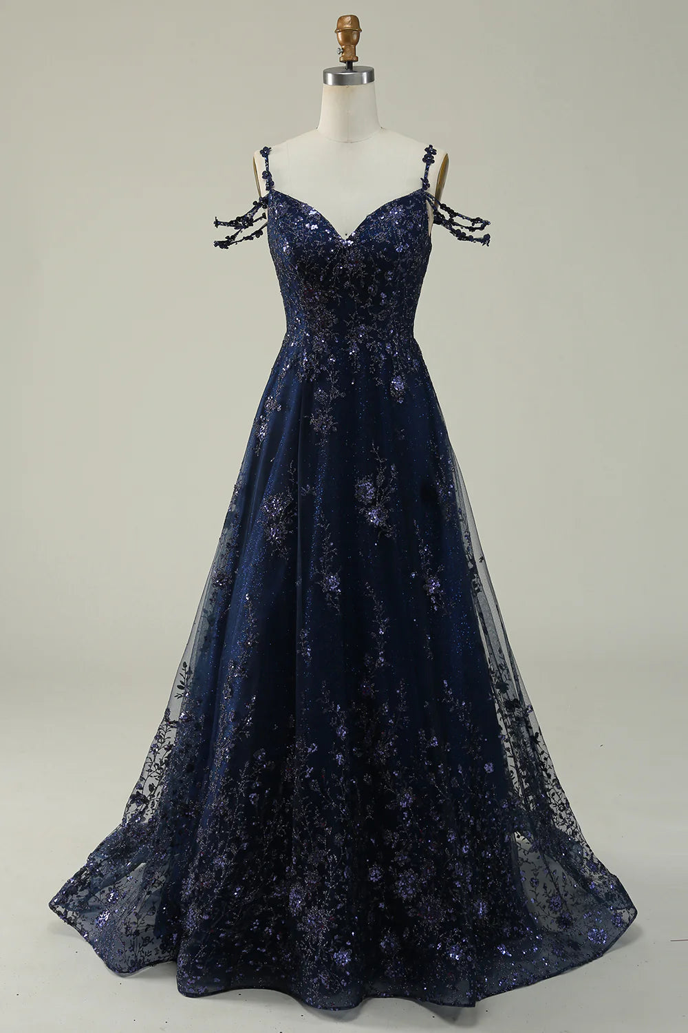 Navy Blue A-line Sexy Elegant Off Shoulder Long Ball Dress