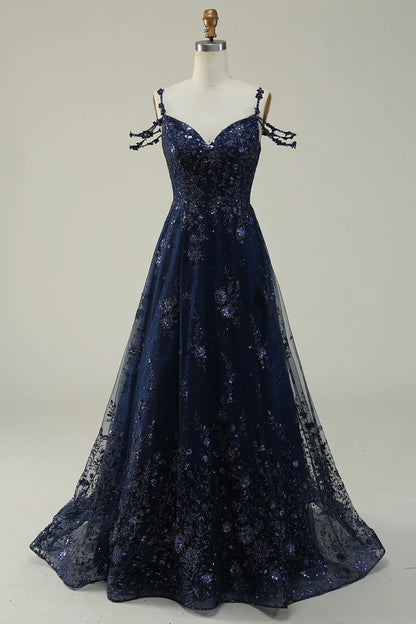 Navy Blue A-line Sexy Elegant Off Shoulder Long Ball Dress