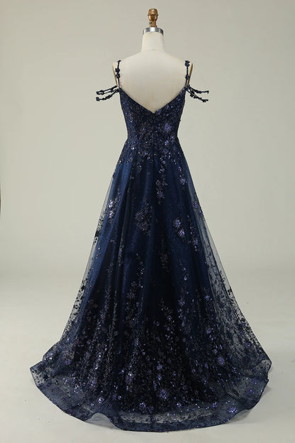Navy Blue A-line Sexy Elegant Off Shoulder Long Ball Dress