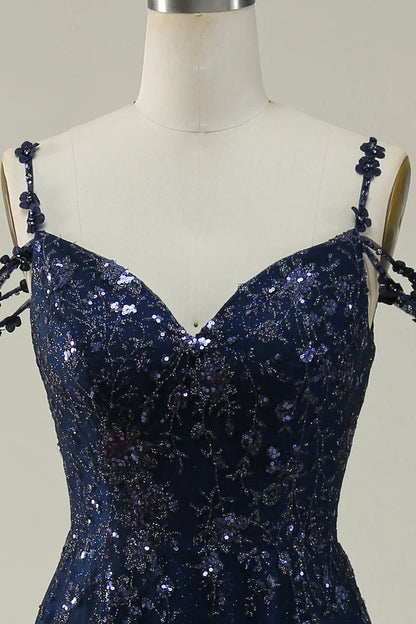 Navy Blue A-line Sexy Elegant Off Shoulder Long Ball Dress